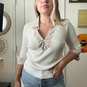 Vintage Y2K 2000s Aqua Blues Ivory & Floral Collared 1/2 Sleeve Top Sz L